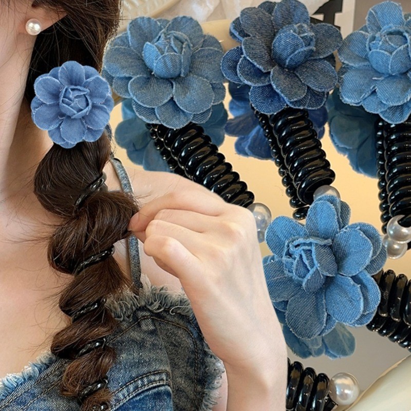 คาวบอยดอกไม้สีฟ้าโทรศัพท์สายผมห่วง-ยืดหยุ่นเกลียวขดลวดหัวเชือก-ยางผมหางม้าผูกผม-ชายหาดวันหยุดผมแหวน-แฟชั่น,สง่างาม,หวาน-อุปกรณ์ผม
