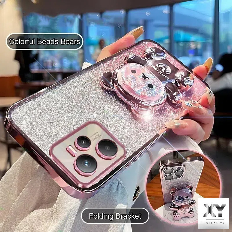 เคสโทรศัพท์ Realme C35 C67 C55 C53 C51 C33 C30S C30 C21Y C25Y วงเล็บหมุน 360 °เคสโทรศัพท์บรรเทาความเครียดที่มีสีสันลูกปัดหมีขาตั้งพับ เปลือกอ่อน เคส Realme C35 C67 C55 C53 C51 C33 C30S C30 C21Y C25Y