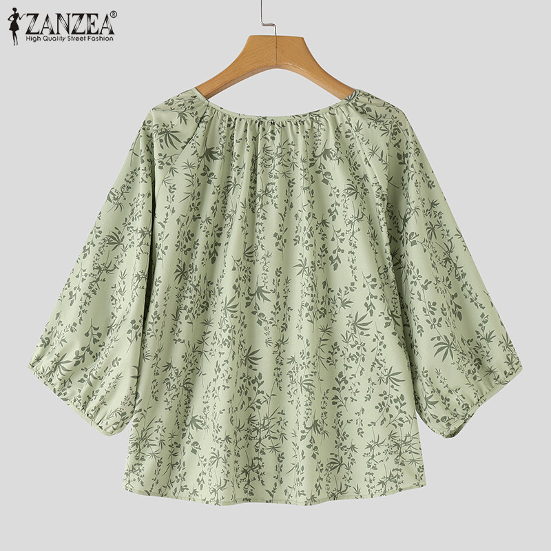 ZANZEA ซานเซีย ผู้หญิงเกาหลีเรียบง่ายรอบคอพิมพ์ดอกไม้จีบเสื้อหลวม — صورة 8