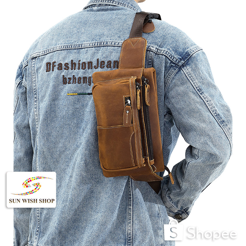 Sunwish No.M409 Luxury Real Leather Crazy Horse Cow Leather Men Chest Bag กระเป๋าคาดเอว