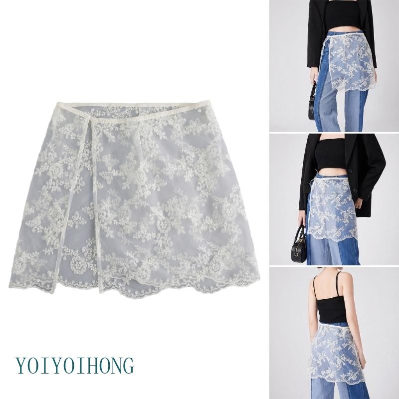 Yoioi ผู้หญิงดูผ่านเย็บปักถักร้อยดอกไม้ลูกไม้ Layering ผ้ากันเปื้อนกระโปรง Vintage Sheer ครอบคลุม Over กระโปรงด้านข้างปุ่มสะโพก Sca