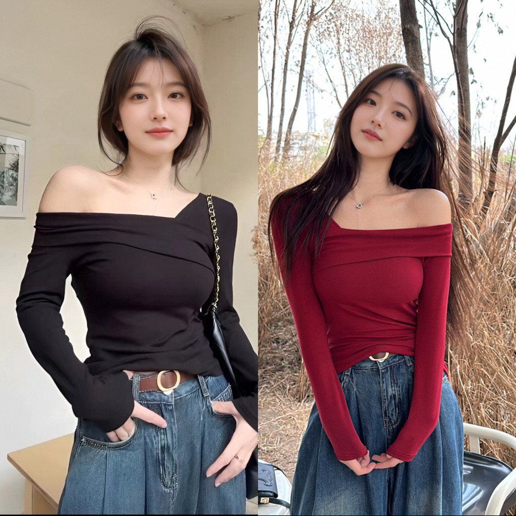 เสื้อครอปแขนยาวปาดไหล่ข้างเดียว สีพื้น ดีไซน์เก๋สำหรับโชว์เนินอก สไตล์เซ็กซี่