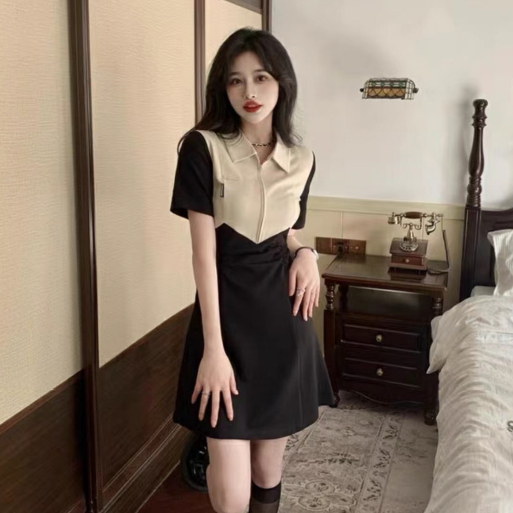 เดรสตัดต่อสไตล์ฝรั่งเศส ปกปอโล ใหม่ล่าสุด สำหรับฤดูร้อน ขายาว เปิดข้าง
