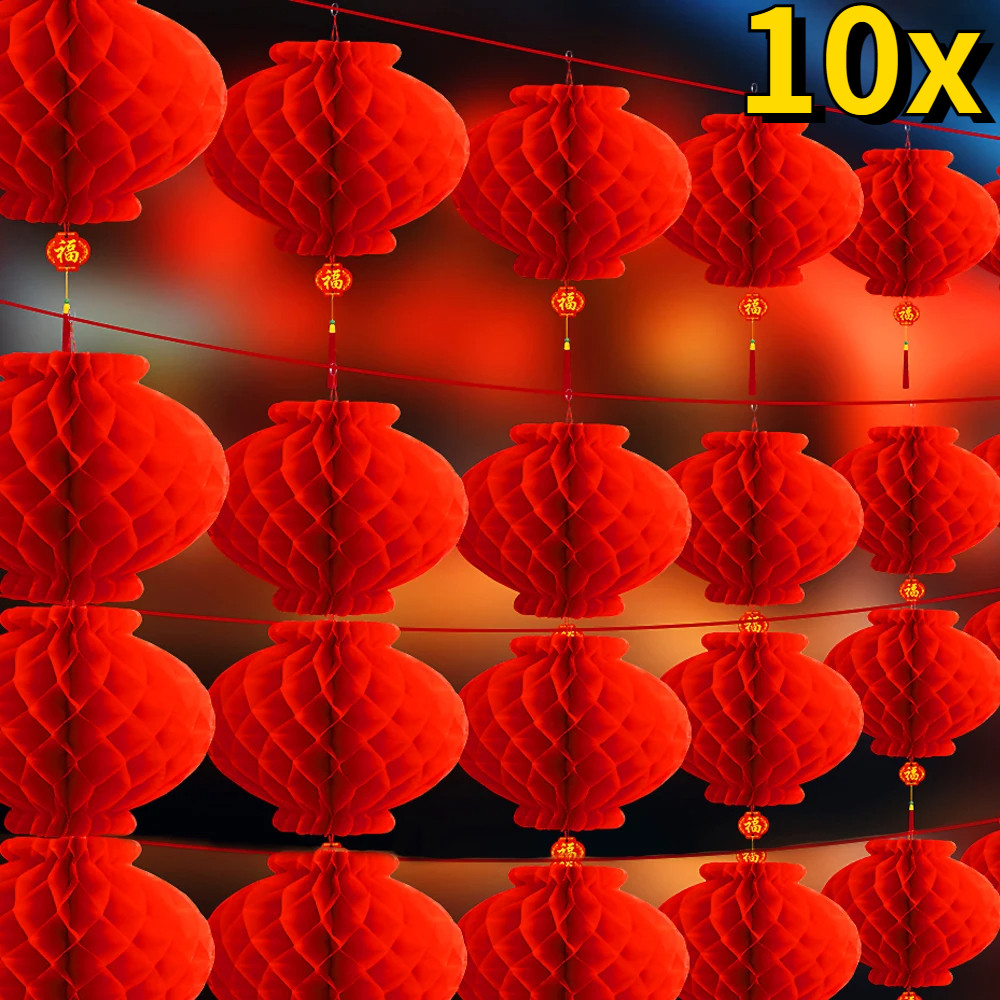 10ชิ้น/เซ็ตโคมไฟรังผึ้งสีแดง-พับพลาสติกกระดาษแขวนโคมไฟ-เทศกาลฤดูใบไม้ผลิจีนกลางฤดูใบไม้ร่วงตกแต่งบ้าน