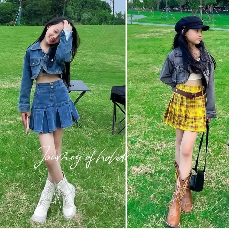 [KeDaYa] พร้อมส่ง ชุด Y2K เซ็ต, เสื้อครอปเกาหลี, เสื้อยีนส์วินเทจสไตล์อเมริกัน, กระโปรงพลีท, ชุดฮิปฮอปสำหรับเด็ก, ชุดเต้นแจ๊ส Y2K OOTD