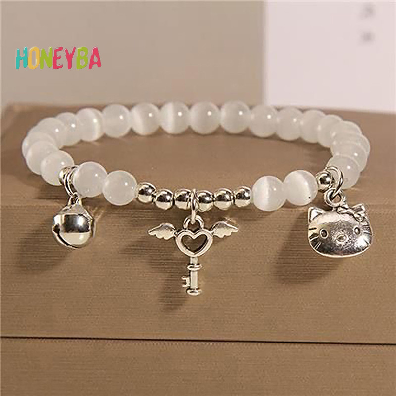SANRIO <Honeyba>Sanrioการ์ตูนHello Kittyจี้ลูกปัดสร้อยข้อมือbell Love Keyหวานน่ารักแมวกําไลข้อมือสําหรับแฟนประณีตของขวัญNice