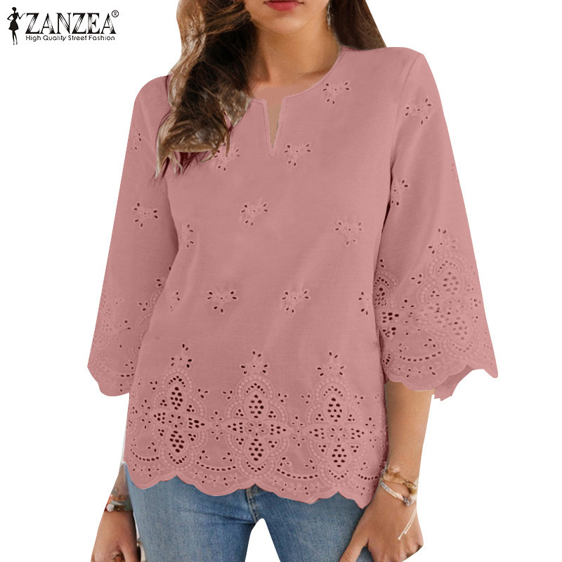Zanzea เสื้อเบลาส์ลูกไม้กลวงลําลองวินเทจเกาหลีสําหรับผู้หญิง