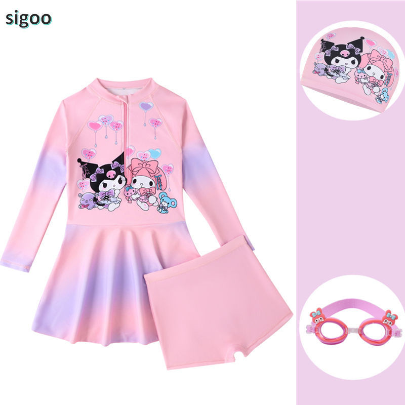 พร้อมสต็อก Symphony Kuromi ชุดว่ายน้ําเด็กสาวแยกกางเกงขาสั้นแขนยาวขนาดกลางขนาดใหญ่เด็กทารกเด็ก Quick-Drying อุปกรณ์ว่ายน้ํา Suns