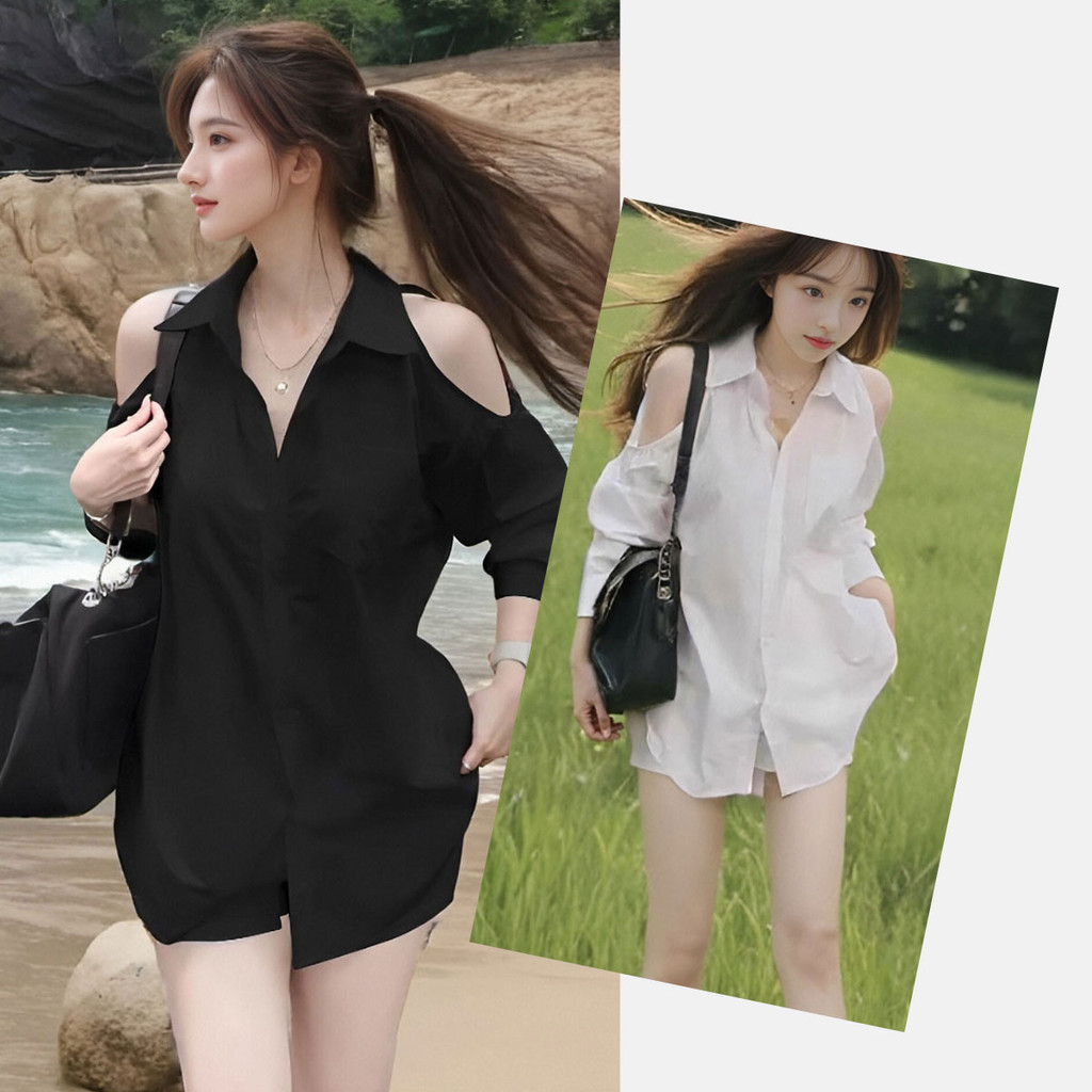 เสื้อเชิ้ตสตรีแขนยาวคอปก แบบใหม่ ดีไซน์เปิดไหล่
