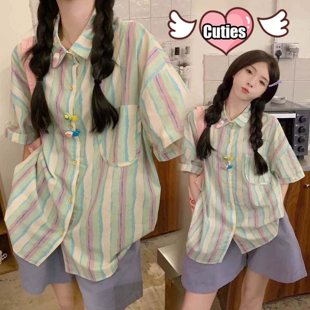 Cuties W358 เสื้อเชิ้ตแขนสั้น เชิ้ตลำลอง ลายทาง สไตล์สาวเกาหลี ดีไซน์สวย เหมาะกับฤดูร้อน เนื้อผ้าดี สวมใส่สบาย