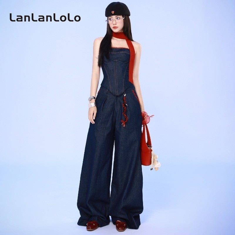 Lanlanlolo ผู้หญิง 2024 สีทึบเซ็กซี่ Nipped เอวแฟชั่น Causal กางเกงชุด