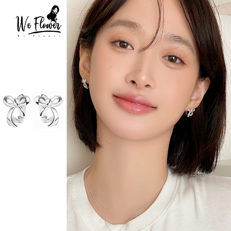 เราดอกไม้คลาสสิก ส925 เงินริบบิ้นโบว์ต่างหูห่วงสําหรับผู้หญิงสาวสวมใส่ทุกวันเลือกฟรีกุทัณฑ์รอบหูเครื่องประดับอุปกรณ์