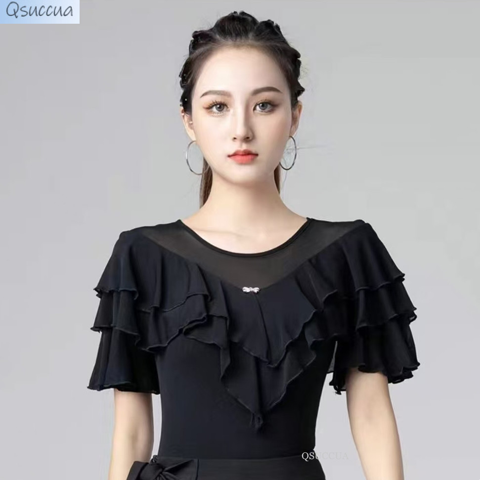 Qsuccua ผู้ใหญ่ผู้หญิงเต้นรําละตินตาข่ายเย็บชั้นแขน Jumpsuit Top