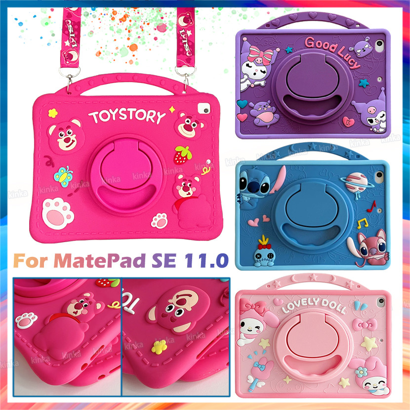 สําหรับhuawei MatePad SE 11 นิ้ว 2024 MatePad 11 2021 2023 MatePad Air 11.5 MatePad 11.5S 11.5 นิ้ว 360 องศาขาตั้งหมุนได้เด็กปลอดภัยน่ารักการ์ตูนสตรอเบอร์รี่หมีกันกระแทกปลอก