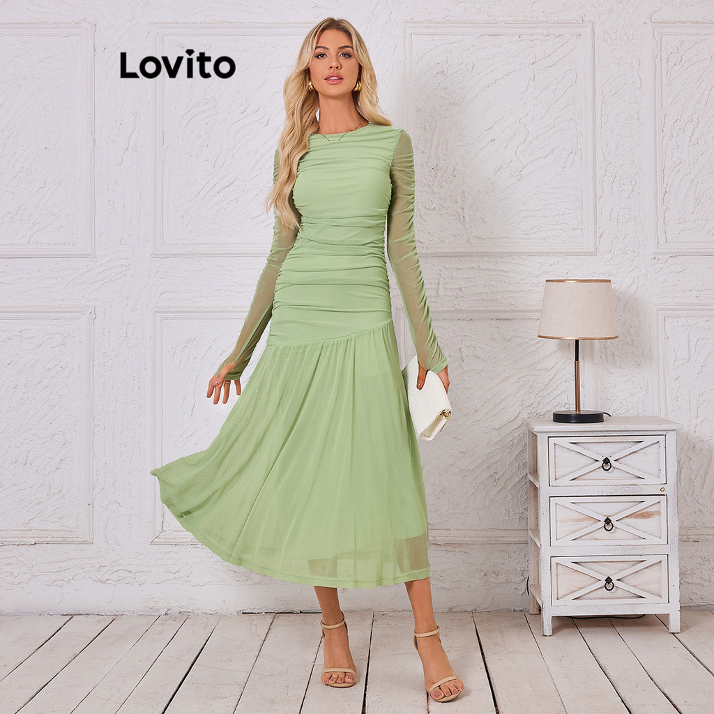 Lovito ชุดเดรสผู้หญิง แต่งจีบย่น ผ้าตาข่าย สีพื้น สไตล์ลำลอง LBL14129