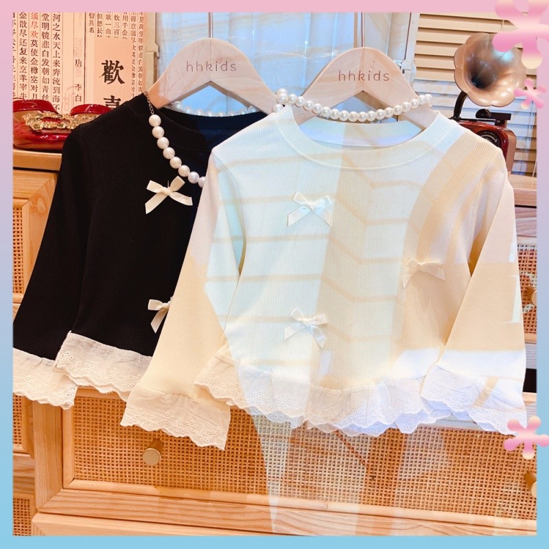 Girl's Lace BowTT-shirt2024Spring and Autumn New Children's Shirt Baby Korean Casual Stitching Sleeves Long Sleeve