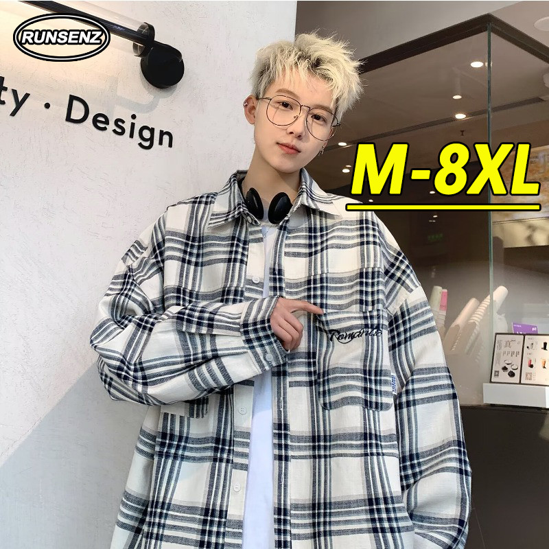 ม-8เอ็กแอล เกาหลีสไตล์ขี้เกียจเสื้อลายสก๊อตผู้ชายฤดูใบไม้ร่วงลําลองหลวมพลัสขนาดเสื้อแขนยาว