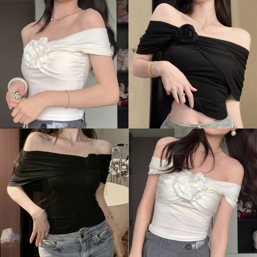 Evelyn เสื้อกล้ามผู้หญิง เปิดไหล่ ทรงยืดรัดตัวสีพื้น แถมเข็มกัดดดอกไม้ เสื้อครอป ทรงสวย ส่งไวจากไทย#FY2591