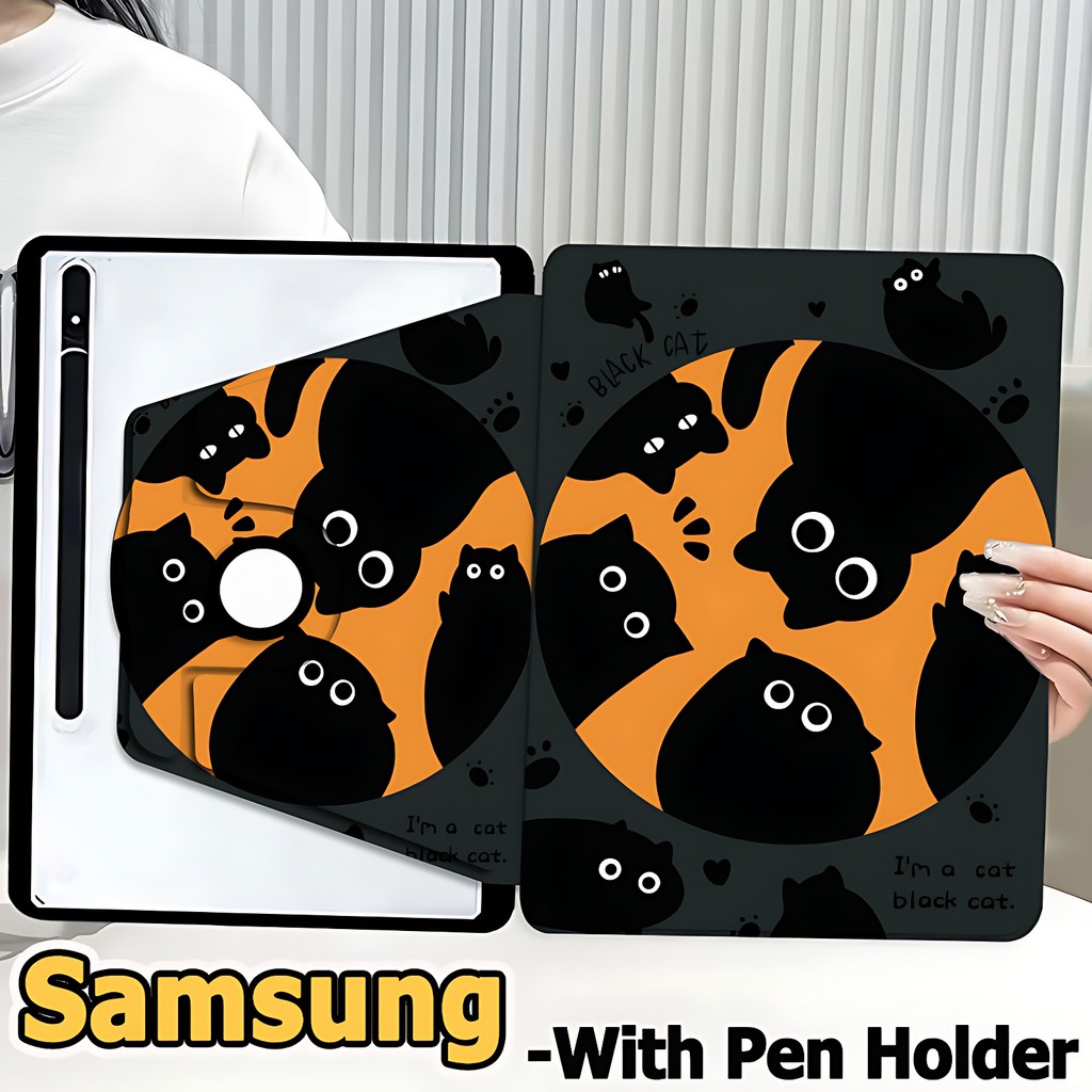เคสฝาพับ ซัมซุง Tab case For Samsung Galaxy Tab S7 S8 S9 S10+ S6 lite S7FE S9FE S9FE+ A8 A9 A9+ Galaxy Tab S8+ S9+ S7+ A7 lite เคสหมุนได้360 Case Samsung Black kitten เคส Galaxy