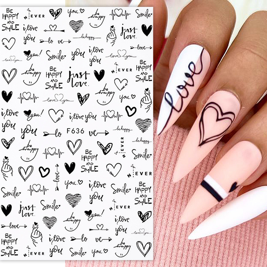 3d Love Heart สติกเกอร์เล็บวาเลนไทน์s วันตกแต่งเล็บตัวอักษรภาษาอังกฤษ Sliders เรขาคณิต Decal DIY เล็บออกแบบเคล็ดลับ