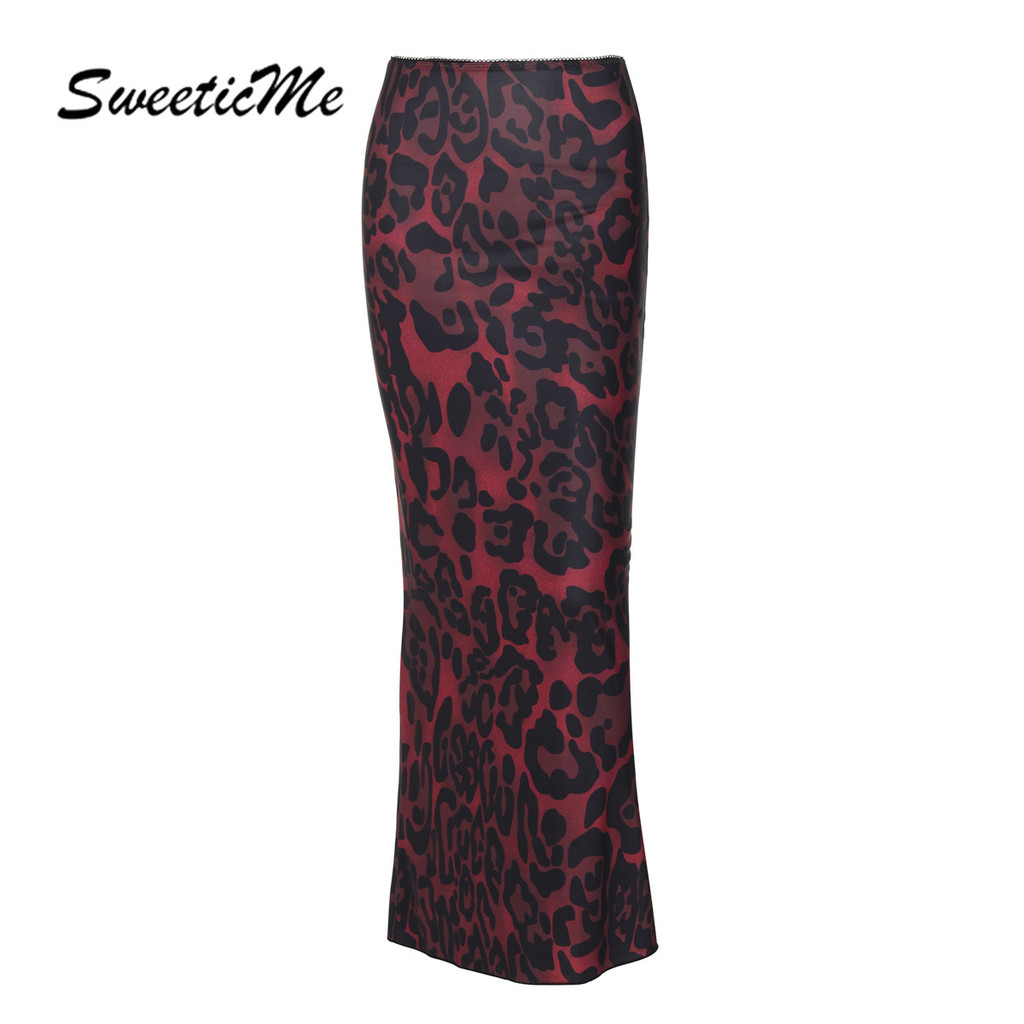 Sweeticme ผู้หญิง 2024 ใหม่แฟชั่นเซ็กซี่เสือดาวพิมพ์ Slim Fit All Match Fishtail กระโปรงยาว