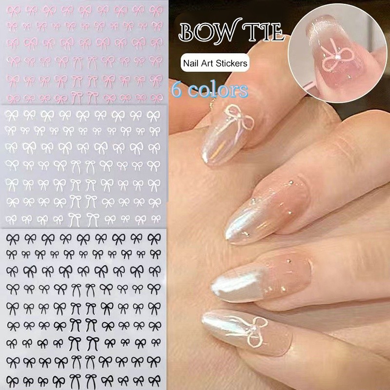 สติ๊กเกอร์ติดเล็บตกแต่งเล็บโบว์ริบบิ้น3งสีดําสีขาวสีแดง6สี
