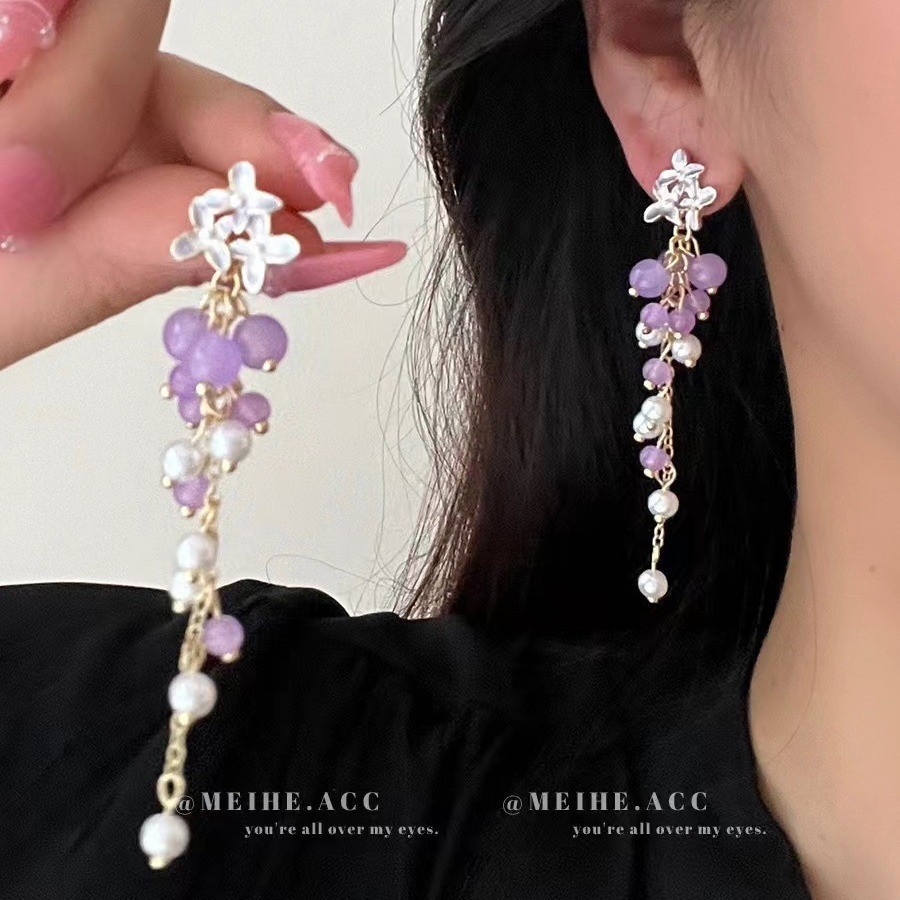 Wisteria Flower Super Fairy ต่างหูพู่องุ่นสไตล์ Pastoral ดีไซน์หวาน
