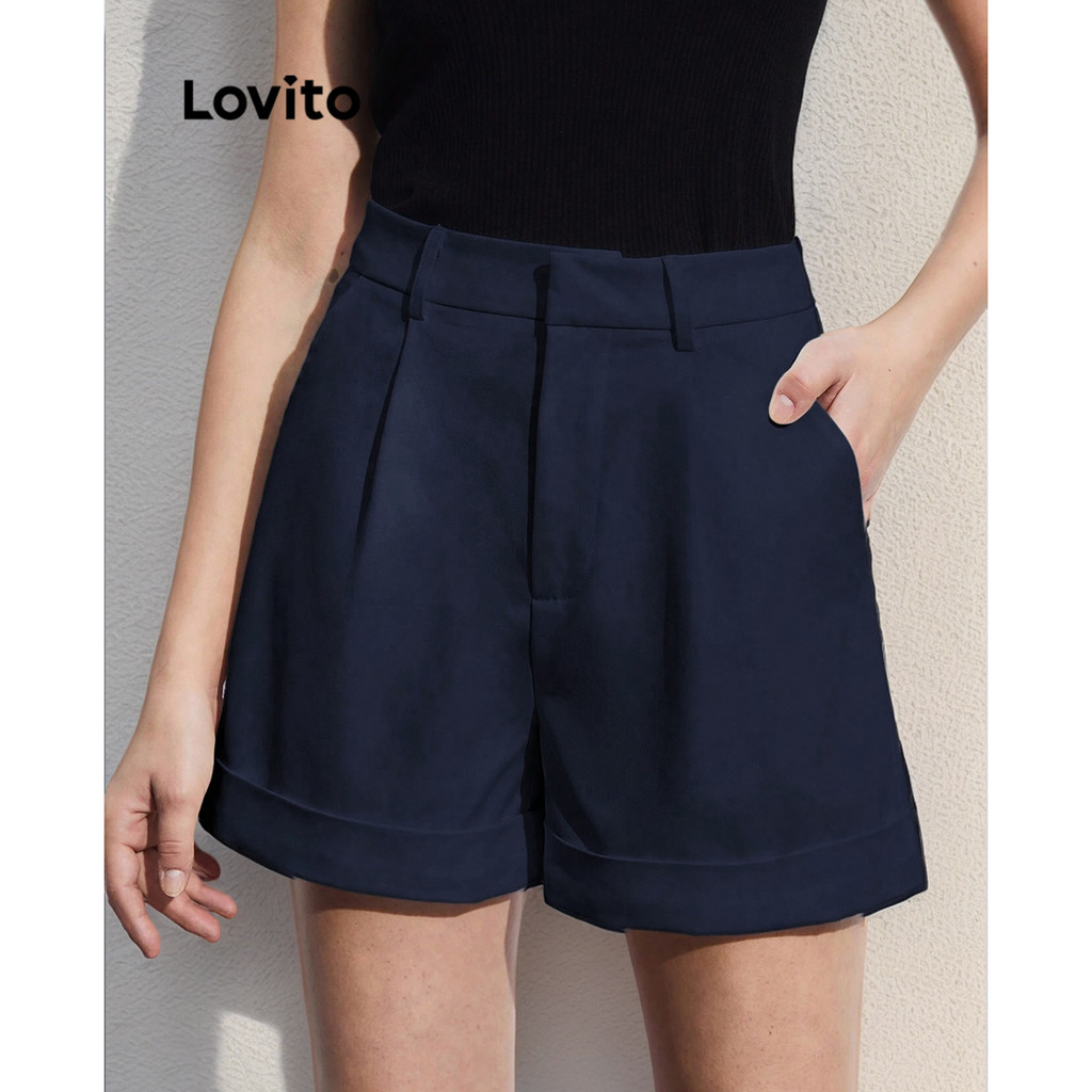Lovito กางเกงขาสั้นผู้หญิง สองชั้น สีพื้น สไตล์หรูหรา L95ED830