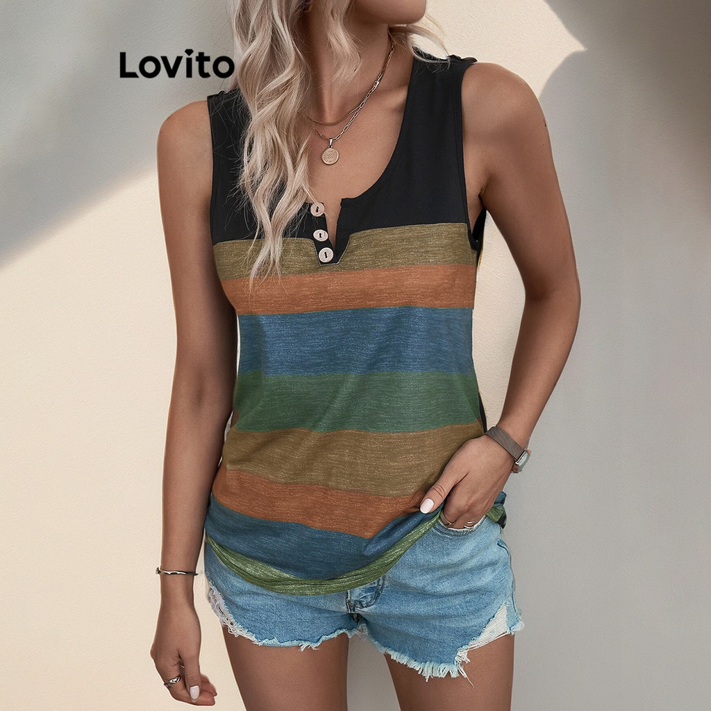 Lovito เสื้อกล้ามผู้หญิง ลายทาง สไตล์ลำลอง LBL14721