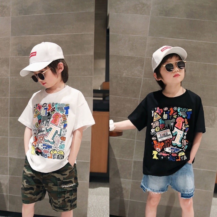 พร้อมส่ง เสื้อยืดแขนสั้น ผ้าฝ้าย สไตล์ตะวันตก แฟชั่นฤดูร้อน สําหรับเด็กผู้ชาย 4 5 6 7 8 9 10 11 12ขวบ