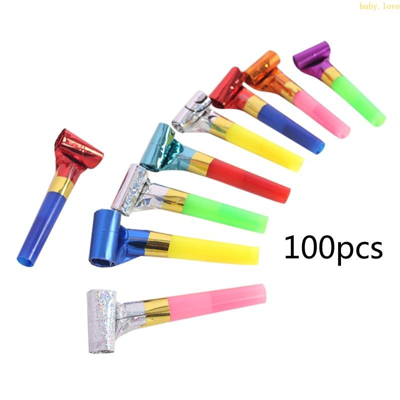Dasbsug 100PCS Party Blowers วันเกิด Blowouts Horns นกหวีดกระดาษดนตรี Noisemakers