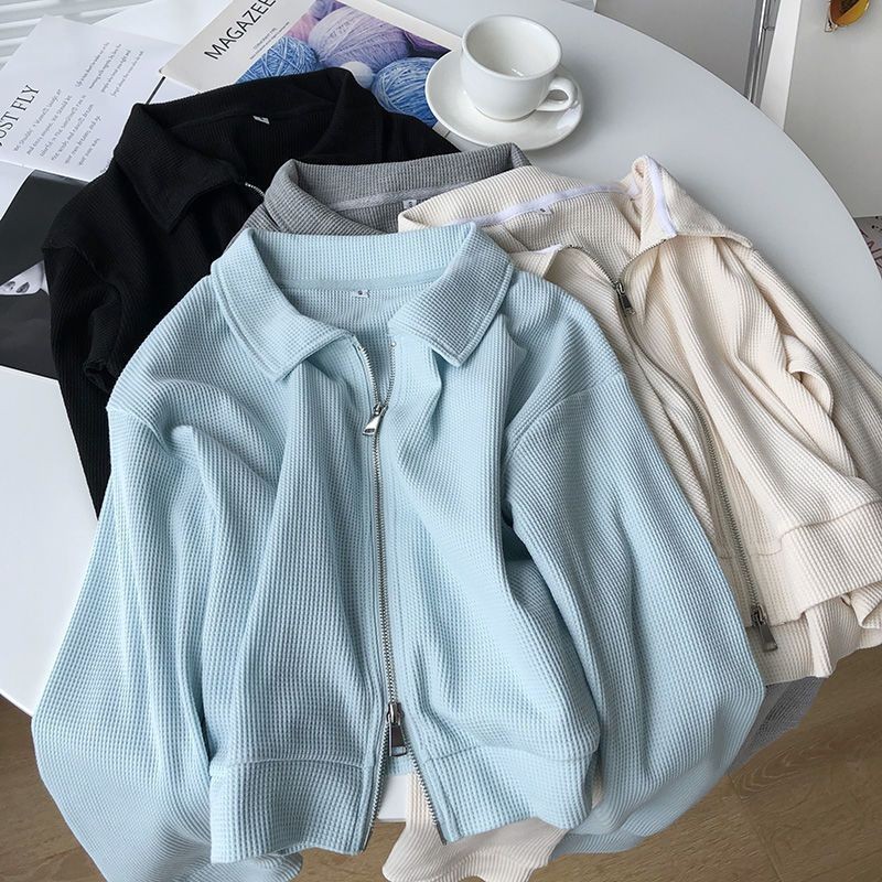 เสื้อแขนยาว ผ้าวาฟเฟิล เสื้อแจ็คเก็ตผู้หญิง เวอร์ชั่นเกาหลี สไตล์ลำลอง มีซิปคู่ เสื้อสาวอวบ