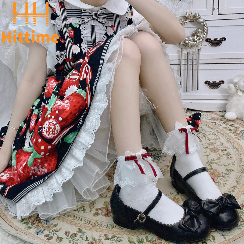 [clearance sale] Hittime ถุงเท้าแฟชั่นผู้หญิงกลางหลอดพร้อมโบว์ลูกไม้โลลิต้าญี่ปุ่นน่ารัก HTTH