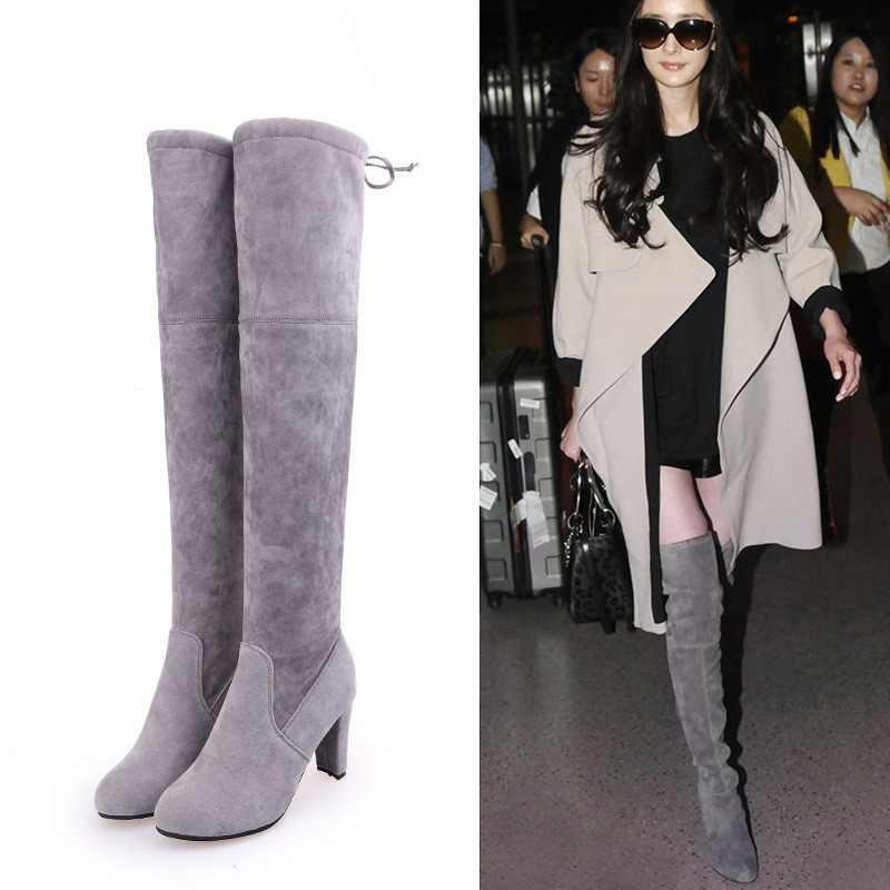 รองเท้าบูท Over-the-Knee Boots Pointed Toe Frosted Leather ส้นหนาสูง