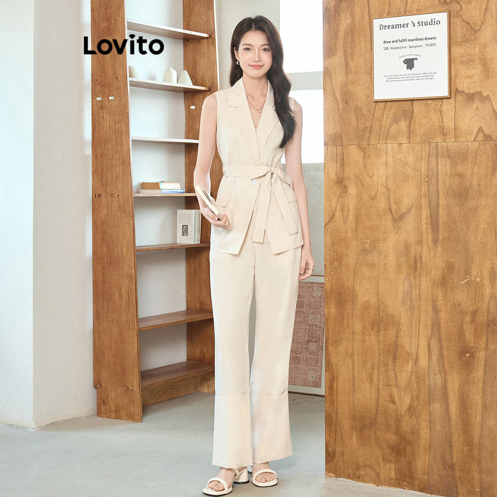 Lovito ชุดกางเกงปุ่มลูกไม้ธรรมดาสบาย ๆ สำหรับผู้หญิง L104ED223