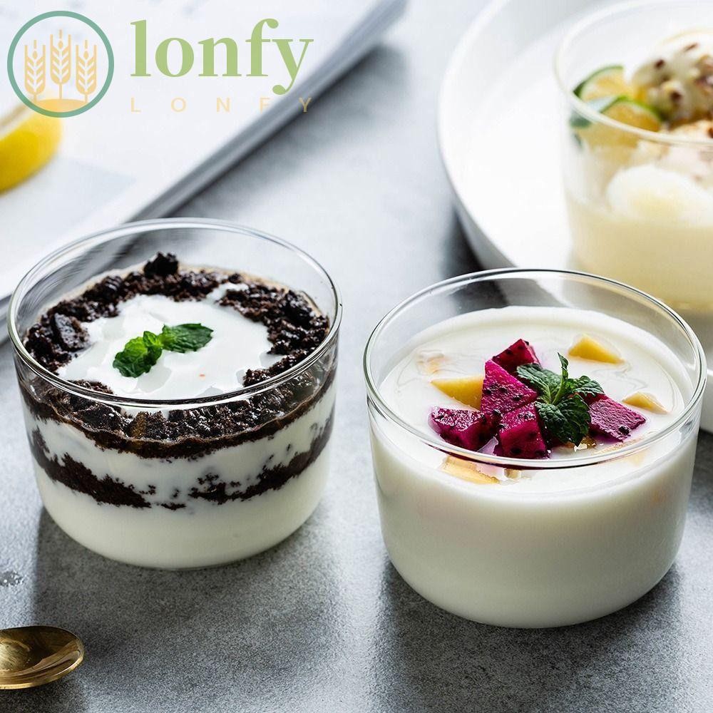 LONFY ถ้วยแก้วนอน ถ้วยขนมทนความร้อนแบบใสทําความสะอาดง่ายจานขนมกลม - Glass Cup Transparent Heat Resistant Round Easy to Clean Dessert Pudding Yogurt Ice Cream Bowl