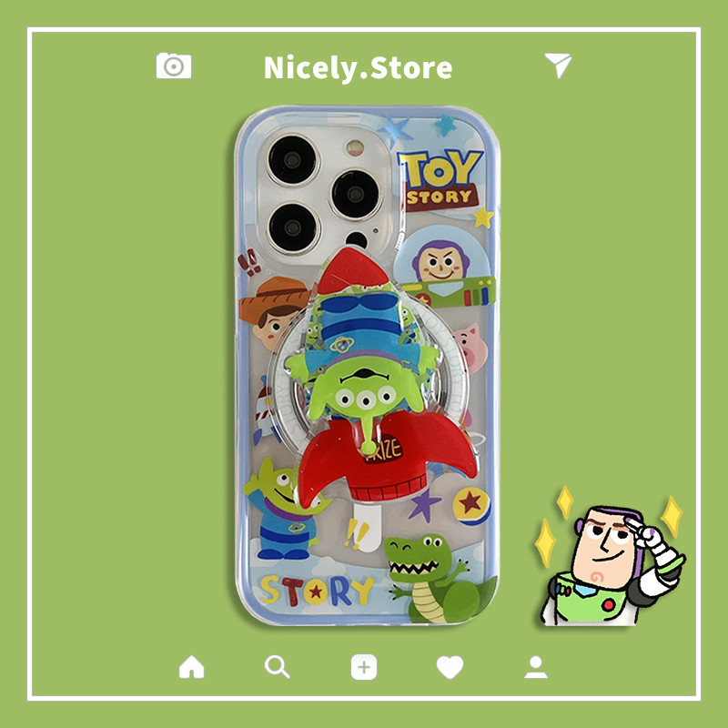 การ์ตูน Rocket Buzz Lightyear Alien Magnetic Holder Stand เคสโทรศัพท์สําหรับ iPhone 16 15 14 13 Pro Max iPhone16 กันกระแทก TPU ปลอกมือถือ