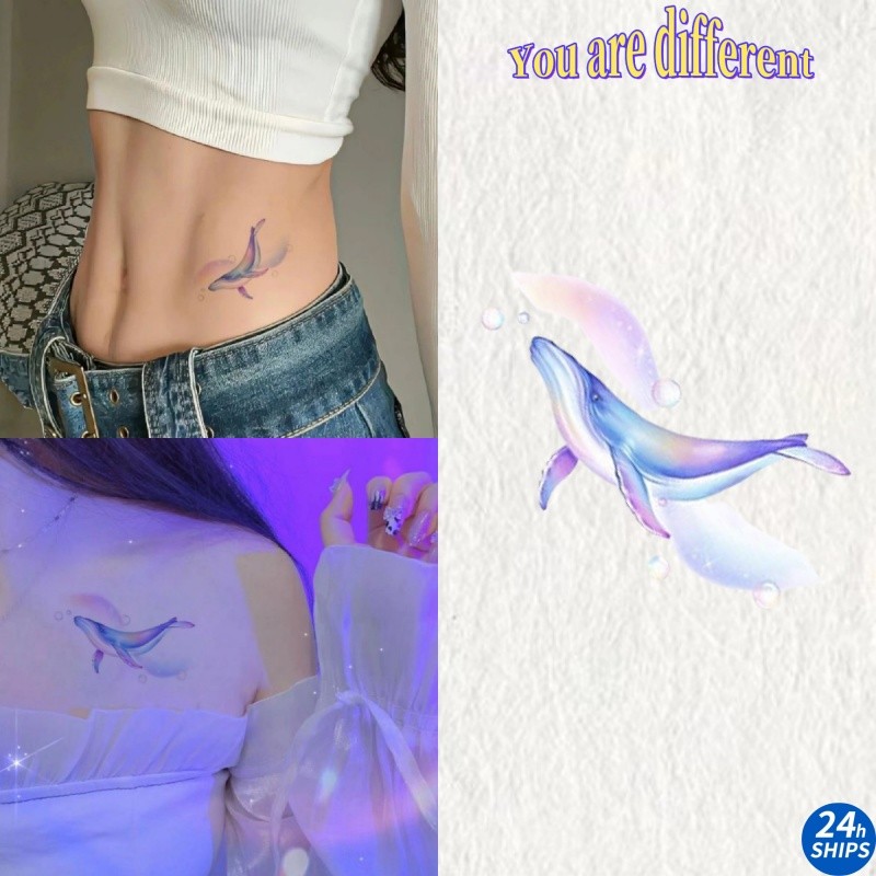 สีฟ้าปลาวาฬลายสักสาวเซ็กซี่เอวสักสติกเกอร์รอยสักกันน้ํายาวนาน7วันสติกเกอร์ผิวชั่วคราวสักปลอม
