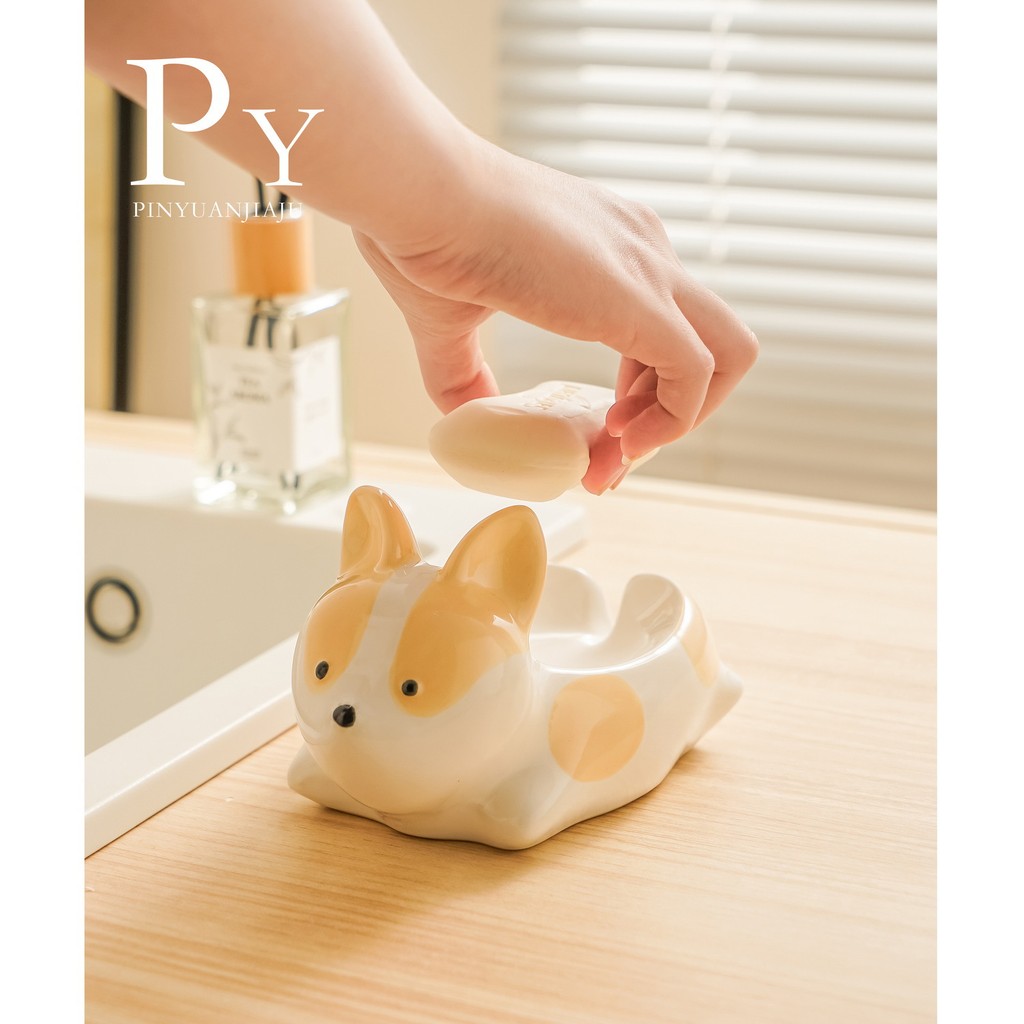 Dreamerhouse น่ารัก Corgi กล่องสบู่เซรามิคในครัวเรือนท่อระบายน้ําสบู่จาน Creative การ์ตูนอ่างล้างหน้าชั้นวาง