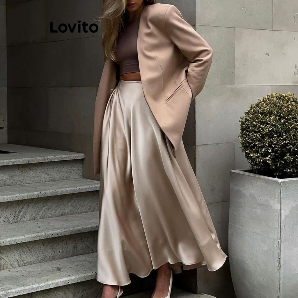 Lovito กระโปรงผู้หญิง แต่งจีบ สีพื้น สไตล์หรูหรา LNL70356
