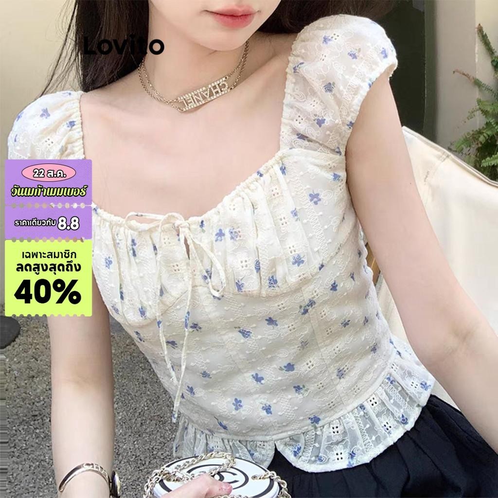 Lovito เสื้อเบลาส์ผู้หญิง ลายดอกไม้ ชายระบาย สไตล์โรแมนติก LNE57390