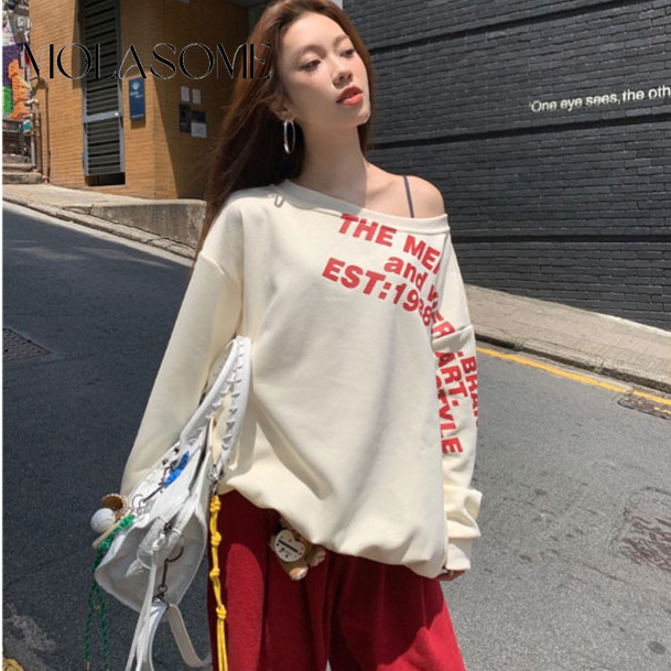 โมลาโซเมะ ผู้หญิง2024แฟชั่นใหม่สีทึบแขนยาวไหล่เอียงหลวมเสื้อสไตล์