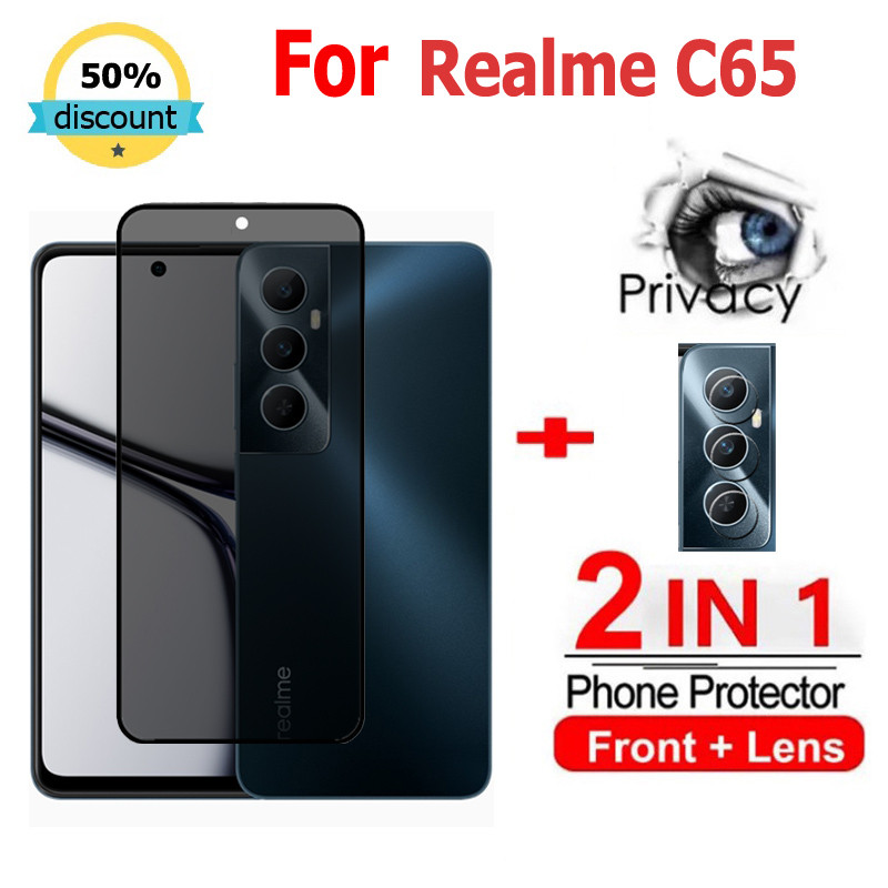 2 in 1 ฟิล์ม Realme C65 ฟิล์มกระจกนิรภัยกันรอยหน้าจอ กันแอบมอง เพื่อความเป็นส่วนตัว สําหรับ Realme 13 12 12X 10T 9i 11 10 Pro + หมายเหตุ 50 Narzo 60 50 C67 C65 C51 C55 C53 5G ฟิล์มกันรอย ฟิล์มกล้อง