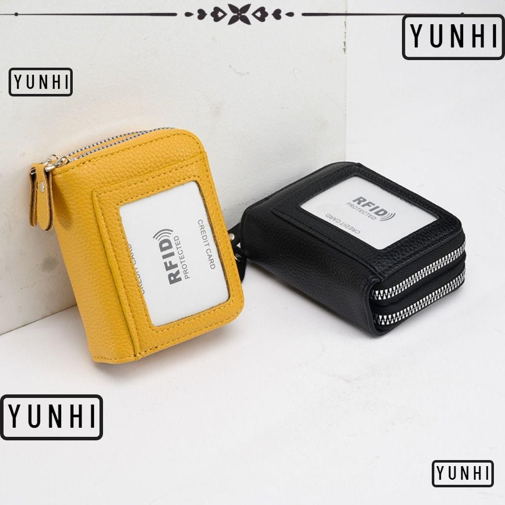 Yunhi กระเป๋าสตางค์ซิปคู่ Zero, แฟชั่นหนังแท้ RFID Blocking Card Holder, Multifunctional Anti Theft Clip Card Sleeve กระเป๋าสตางค์กระเป๋า