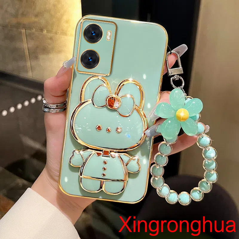 ปลอก OPPO A57 4G 2022 A57 2022 5G A77 A77S A57Eเคสโทรศัพท์TPU 3Dกระต่ายเครื่องสําอางกระจกแต่งหน้าขาตั้งUltra Thin Electroplated Soft Case Shock Protection Caseพร้อมสร้อยข้อมือ
