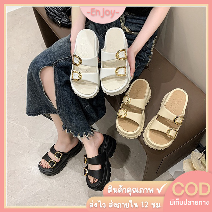 🍓EnJoy🍓 พร้อมส่ง (LT-2021New/LT-2022-1) วัสดุ EVA รองเท้าแตะแบบสวม ดีเทลสายคาด2เส้น อะไหล่ทอง ส้นตึกเสริมความสูง สูง 6cm สินค้า