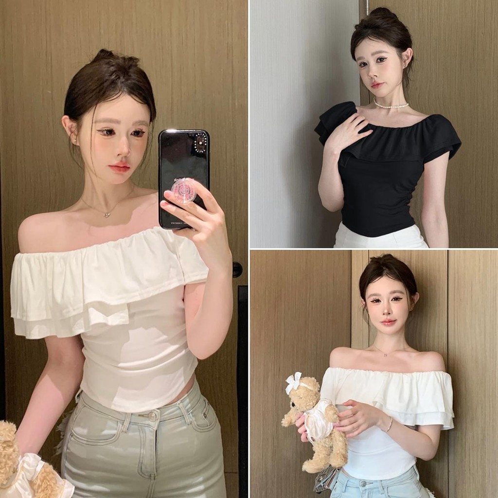 cherryshop พร้อมส่ง เสื้อยืดสตรีแฟชั่นสไตล์เกาหลีแขนสั้นเปิดไหล่ สีพื้น น่ารักดีเทลชายระบาย