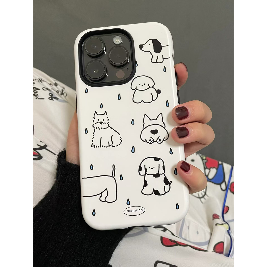 รูปง่ายๆฝนลูกสุนัขหลายตัวเคส iPhone พื้นหลังสีขาวเรียบง่ายสำหรับ iPhone 16 PROMAX 14 PROMAX 2-in-one Hard SHELL 11 Pro 13 Pro 15PROMAX กันกระแทก12pro 16pro XS XR XR MAX เคสซิลิโคนป้องกันสิ่งสกปรก7 8PLUS 14 15 16 PLUS