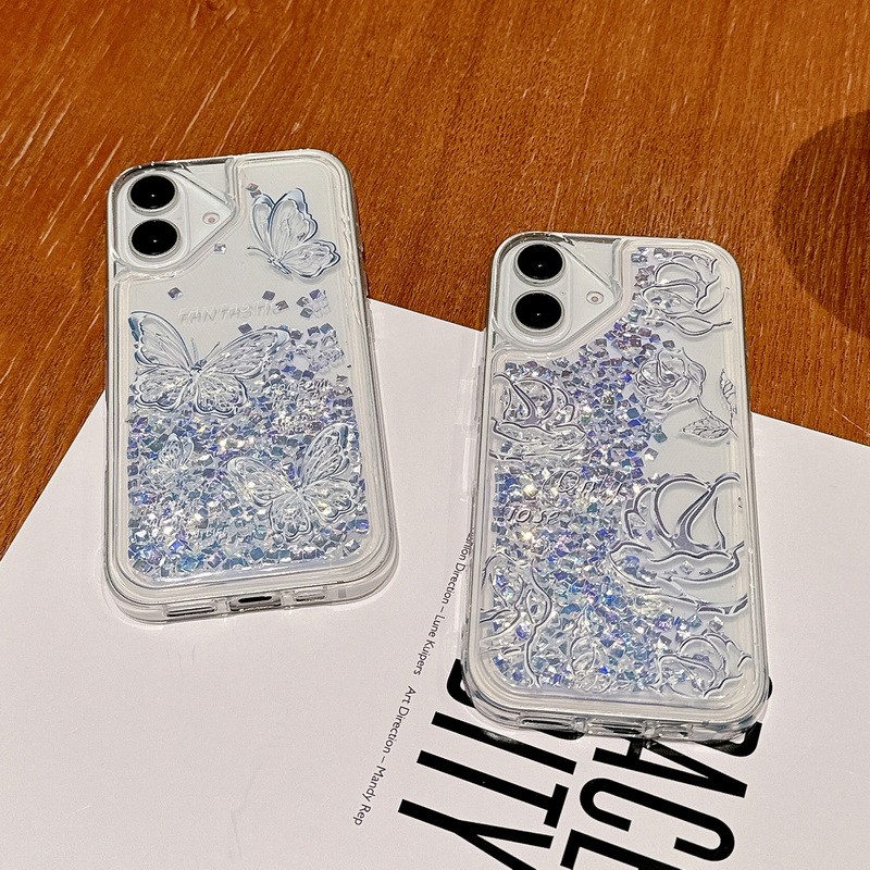 สําหรับ iPhone 16 Pro 15 Plus 13 14 Pro Max 12 Pro 11 หรูหราคริสตัลทรายผีเสื้อ Anti Drop เคสโทรศัพท์
