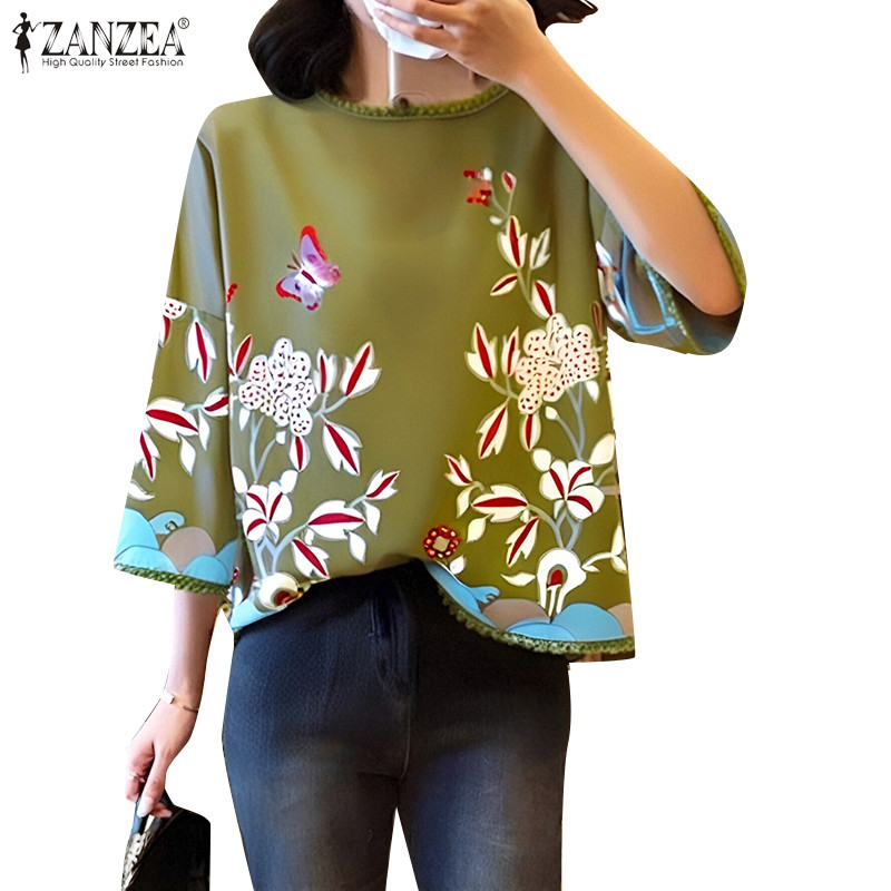 Zanzea เสื้อเบลาส์คอกลมทรงเอพิมพ์ลายลําลองเกาหลีสําหรับผู้หญิง